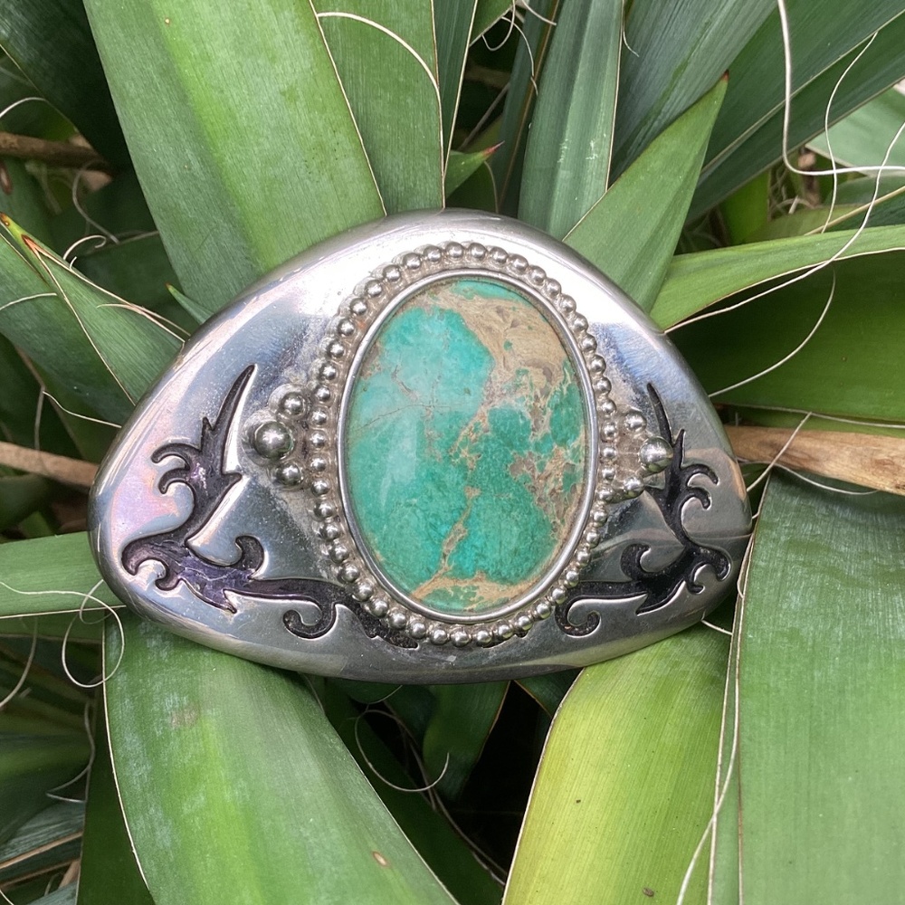 Vintage Unisex Western Boho Large Green Turquoise Stone Etched Metal Belt Buckle - Picture 4 of 13